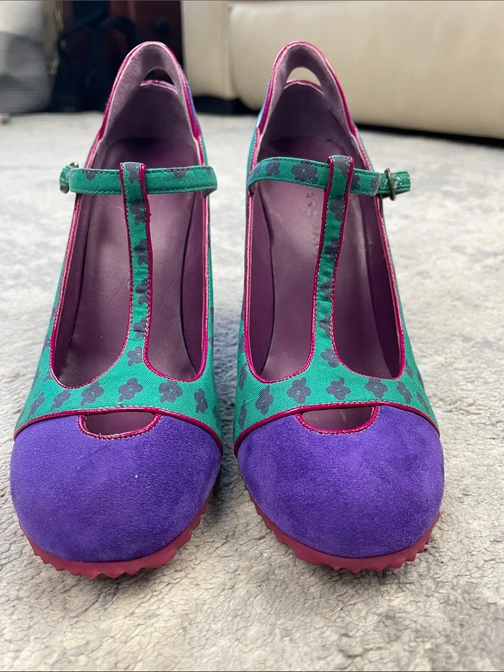 Vintage Marc Jacobs Purple Teal T-Strap Wedge Heels Retro Flower Sz 35.5